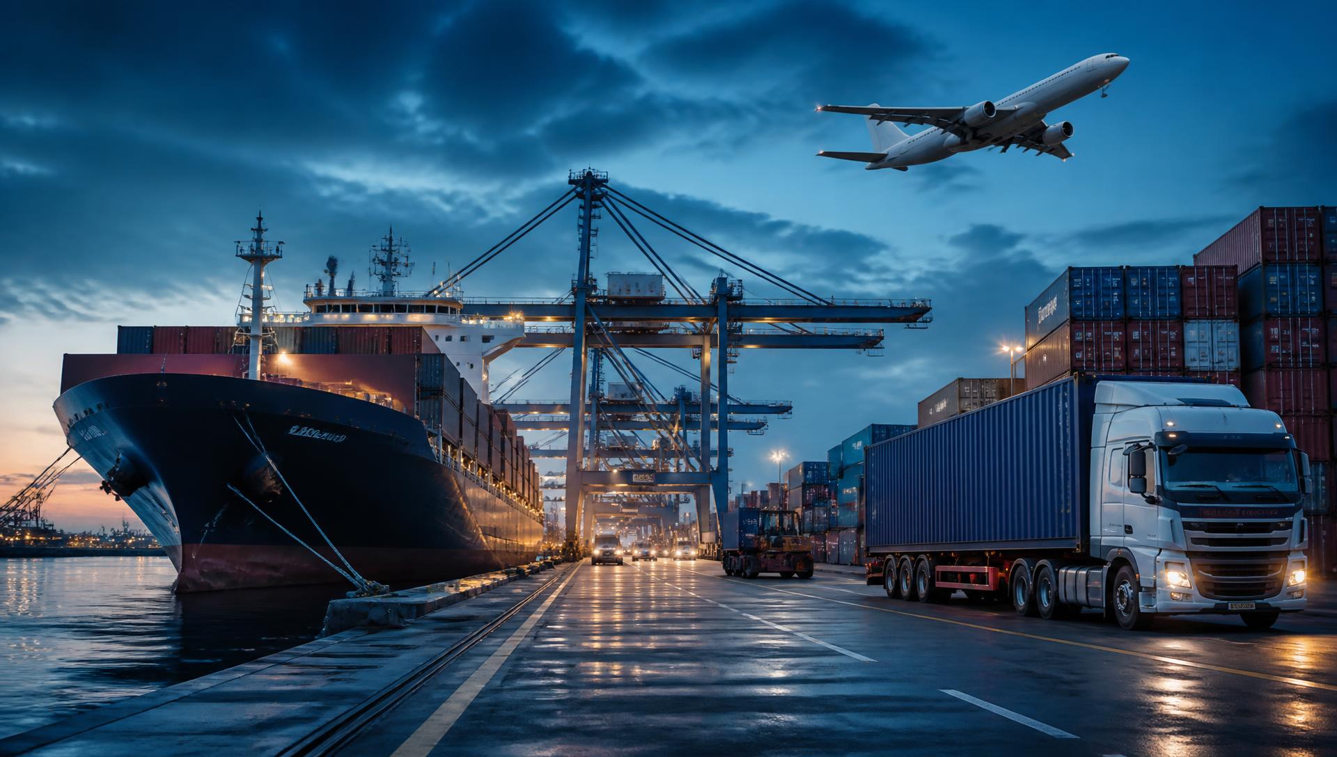 Container ship, cargo plane and freight truck at a busy port at dusk