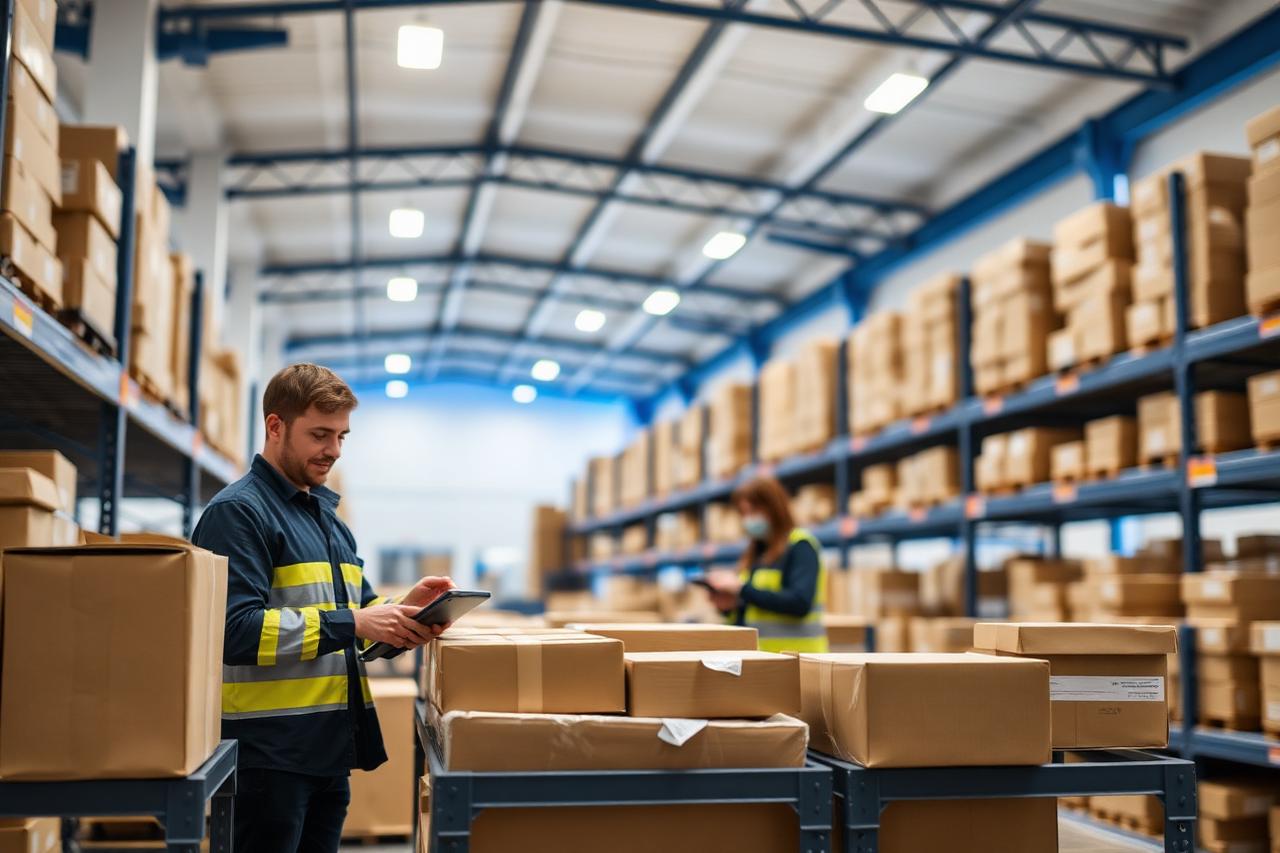 Warehouse staff scanning parcels on a fulfilment line